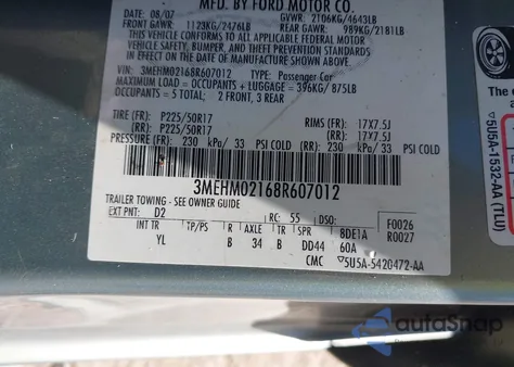 2008 Mercury Milan V6 Premier z USA, uszkodzony, nr VIN 3MEHM02168R607012